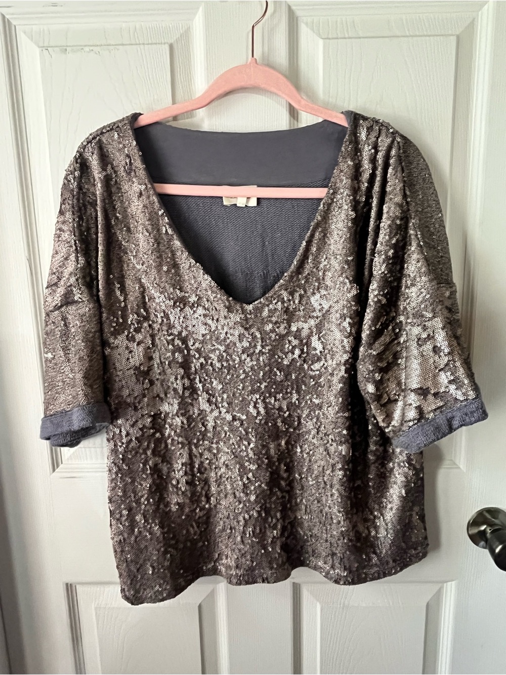 Anthropologie Sequin V-Neck Short Sleeve Top - Gray